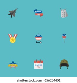 Flat Icons Identity, Memorial Day, Medallion And Other Vector Elements. Set Of Memorial Flat Icons Symbols Also Includes Calendar, Mom, Bbq Objects.