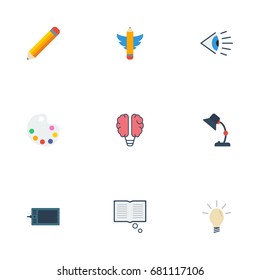 Flat Icons Illuminator, Pen, Gadget And Other Vector Elements. Set Of Constructive Flat Icons Symbols Also Includes Light, Palette, Knowledge Objects.