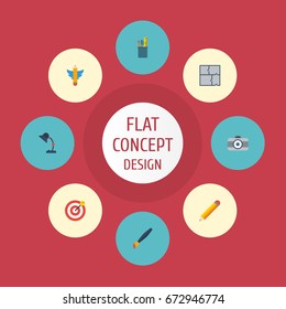 Flat Icons Illuminator, Pen, Wings And Other Vector Elements. Set Of Original Flat Icons Symbols Also Includes Case, Photo, Plan Objects.