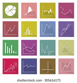 Flat Icons, Illustration Set of 16 Business Graph and Chart Icon Labels.