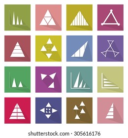 Flat Icons, Illustration Set of 16 Business Graph and Chart Icon Labels.
