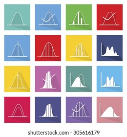 Flat Icons, Illustration Set of 16 Gaussian, Bell or Normal Distribution Curve Icon Labels.