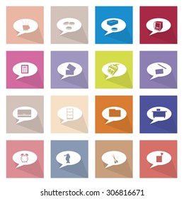 Flat Icons, Illustration Set of 16 Speech Bubbles or Thought Bubbles Icon Labels.