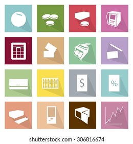 Flat Icons, Illustration Set of 16 Business Item and Equipment Icon Labels.