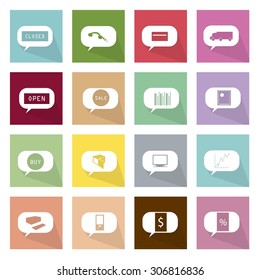 Flat Icons, Illustration Set of 16 Speech Bubbles or Thought Bubbles Icon with Online Shopping Concepts.