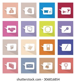 Flat Icons, Illustration Set of 16 Speech Bubbles or Thought Bubbles Icon Labels.