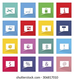 Flat Icons, Illustration Set of 16 Speech Bubbles or Thought Bubbles Icon with Business Concepts.