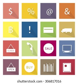 Flat Icons, Illustration Set of 16 Business and E-commerce Item Icon Labels.