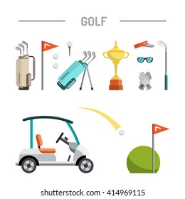 Flat icons image sports gear for the game of Golf such as Golf bags, putter, golfer, ball, hole, Golf course. For registration information articles, advertisements, and products for the game of Golf.