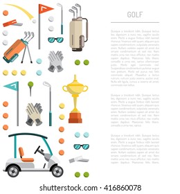 Flat icons image sports gear for the game of Golf such as Golf bags, putter, golfer, ball, hole, Golf course. For registration information articles, advertisements, and products for the game of Golf.