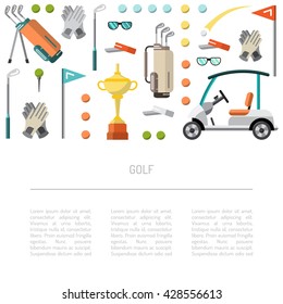 Flat icons image sports gear for the game of Golf such as Golf bags, putter, golfer, ball, hole, Golf course. For registration information articles, advertisements, and products for the game of Golf.