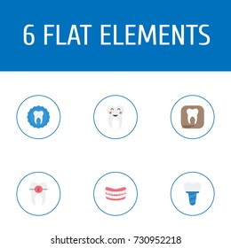 Flat Icons Implantation, Enamel, Brace And Other Vector Elements. Set Of Enamel Flat Icons Symbols Also Includes X-Ray, Artificial, Implantation Objects.