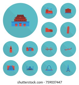 Flat Icons India Mosque, Architecture, Courthouse And Other Vector Elements. Set Of Famous Flat Icons Symbols Also Includes Museum, Gate, Eiffel Objects.