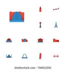 Flat Icons India Mosque, Bridge, The Forbidden City And Other Vector Elements. Set Of Monument Flat Icons Symbols Also Includes Museum, Tower, Courthouse Objects.