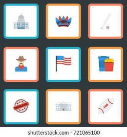 Flat Icons Indian Mascot, Western, Snack And Other Vector Elements. Set Of America Flat Icons Symbols Also Includes Sport, Stamp, White Objects.