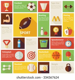 Flat Icons Infographic Sport Recreation Competition Concept. Vector Illustration. Design elements for mobile and web applications with long shadow. Healthy lifestyle Fitness Dieting. Team Sport Games