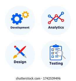 Flat icons for information technology business. Design, development, programming, business analytics, testing. Vector illustration of product life cycle.