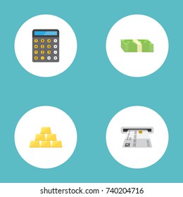 Flat Icons Ingot, Accounting, Teller Machine And Other Vector Elements. Set Of Finance Flat Icons Symbols Also Includes Money, Finance, Salary Objects.