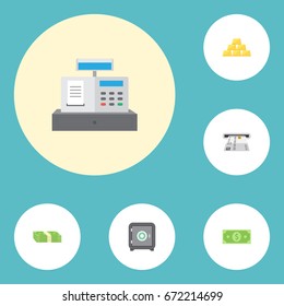 Flat Icons Ingot, Till, Teller Machine And Other Vector Elements. Set Of Finance Flat Icons Symbols Also Includes Bars, Money, Till Objects.