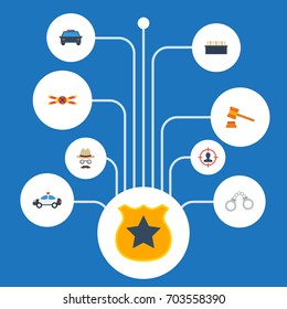 Flat Icons Inspector, Manacles, Jury And Other Vector Elements. Set Of Criminal Flat Icons Symbols Also Includes Detective, Gavel Objects.