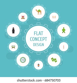 Flat Icons Islamic Lamp, Dromedary, Muslim Woman And Other Vector Elements. Set Of Religion Flat Icons Symbols Also Includes Arabic, Woman, Islamic Objects.