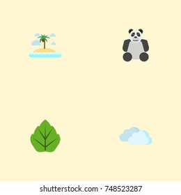 Flat Icons Isle Beach, Bear, Foliage And Other Vector Elements. Set Of Green Flat Icons Symbols Also Includes Bear, Foliage, Leaf Objects.