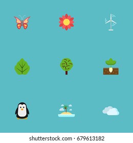 Flat Icons Isle Beach, Sprout, Beauty Insect And Other Vector Elements. Set Of Green Flat Icons Symbols Also Includes Tree, Polar, Mill Objects.