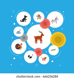 Flat Icons Jackass, Chimpanzee, Hound And Other Vector Elements. Set Of Zoo Flat Icons Symbols Also Includes Panther, Pooch, Monkey Objects.