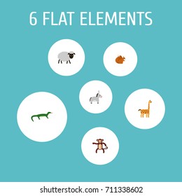 Flat Icons Jackass, Chipmunk, Mutton And Other Vector Elements. Set Of Zoo Flat Icons Symbols Also Includes Chimpanzee, Chipmunk, Giraffe Objects.