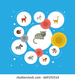 Flat Icons Jackass, Gobbler, Chimpanzee And Other Vector Elements. Set Of Alive Flat Icons Symbols Also Includes Animal, Giraffe, Kine Objects.