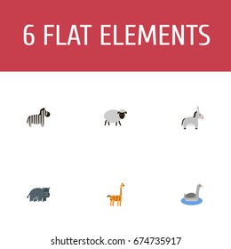 Flat Icons Jackass, Mutton, Waterbird And Other Vector Elements. Set Of Zoology Flat Icons Symbols Also Includes Animal, Merinos, Camelopard Objects.