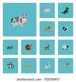 Flat Icons Jackass, Swine, Panther And Other Vector Elements. Set Of Animal Flat Icons Symbols Also Includes Jackass, Gazelle, Turkey Objects.