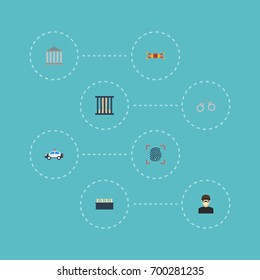 Flat Icons Jail, Building, Thief And Other Vector Elements. Set Of Crime Flat Icons Symbols Also Includes Thief, Fingerprint, Handcuffs Objects.