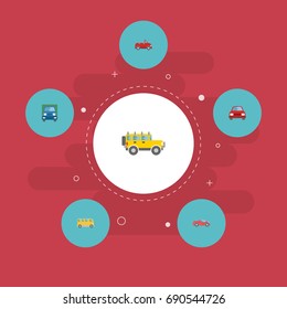 Flat Icons Jeep, Omnibus, Truck And Other Vector Elements. Set Of Vehicle Flat Icons Symbols Also Includes Bus, Cabriolet, Automobile Objects.