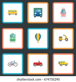 Flat Icons Jeep, Scooter, Streetcar And Other Vector Elements. Set Of Vehicle Flat Icons Symbols Also Includes Sky, Train, Subway Objects.
