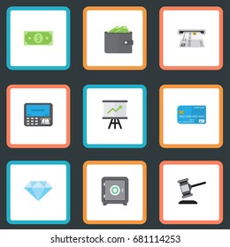 Flat Icons Jewel Gem, Payment, Verdict And Other Vector Elements. Set Of Banking Flat Icons Symbols Also Includes Billfold, Currency, Purse Objects.