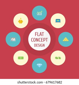 Flat Icons Jewel Gem, Teller Machine, Money And Other Vector Elements. Set Of Banking Flat Icons Symbols Also Includes Gem, Machine, Bars Objects.