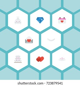 Flat Icons Jewelry, Calendar, Brilliant And Other Vector Elements. Set Of Ceremony Flat Icons Symbols Also Includes Crown, Heart, Necklace Objects.