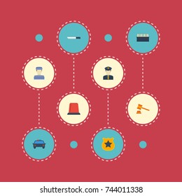 Flat Icons Judge Gavel, Jury, Policeman And Other Vector Elements. Set Of Crime Flat Icons Symbols Also Includes Signal, Police, Officer Objects.