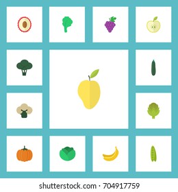 Flat Icons Jungle Fruit, Bean, Cauliflower And Other Vector Elements. Set Of Berry Flat Icons Symbols Also Includes Fruit, Banana, Soybean Objects.