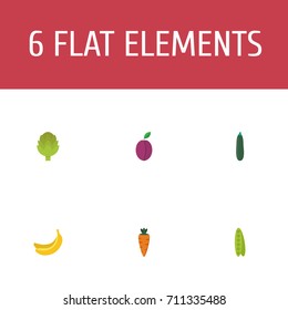 Flat Icons Jungle Fruit, Bean, Salad And Other Vector Elements. Set Of Fruit Flat Icons Symbols Also Includes Apricot, Carrot, Fruit Objects.