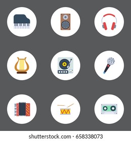 Flat Icons Karaoke, Lyre, Harmonica And Other Vector Elements. Set Of Music Flat Icons Symbols Also Includes Drum, Headphones, Cassette Objects.
