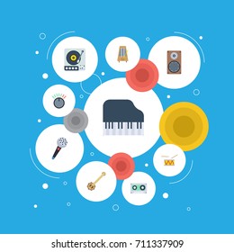 Flat Icons Karaoke, Octave Keyboard, Knob And Other Vector Elements. Set Of Audio Flat Icons Symbols Also Includes Banjo, Gramophone, Motion Objects.