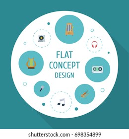 Flat Icons Karaoke, Rhythm Motion, Tape And Other Vector Elements. Set Of Music Flat Icons Symbols Also Includes Tape, Turntable, Rhythm Objects.