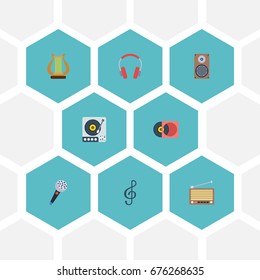 Flat Icons Karaoke, Turntable, Earphone And Other Vector Elements. Set Of Audio Flat Icons Symbols Also Includes Box, Retro, Audio Objects.