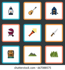 Flat Icons Kerosene, Lighter, Bag And Other Vector Elements. Set Of Camping Flat Icons Symbols Also Includes Lighter, Mount, Mountain Objects.