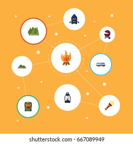 Flat Icons Kerosene, Ship, Lighter And Other Vector Elements. Set Of Camping Flat Icons Symbols Also Includes Rubber, Torch, Van Objects.