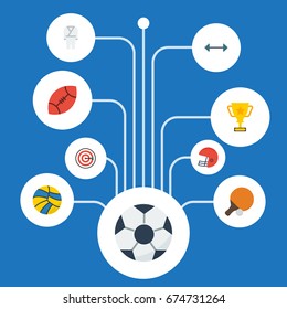 Flat Icons Kettlebells, Arrow, Table Tennis And Other Vector Elements. Set Of Activity Flat Icons Symbols Also Includes Pong, Trophy, Karate Objects.