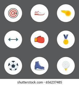 Flat Icons Kettlebells, Golf, Shoes And Other Vector Elements. Set Of Sport Flat Icons Symbols Also Includes Bat, Football, Darts Objects.