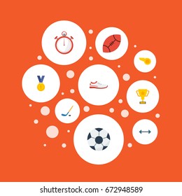 Flat Icons Kettlebells, Trophy, Ball And Other Vector Elements. Set Of Fitness Flat Icons Symbols Also Includes Whistle, Winner, Medal Objects.